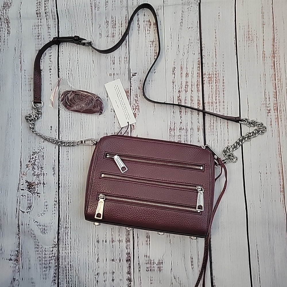 Rebecca Minkoff Mini 5 Zip Leather Crossbody Bag Bordeaux Wine Cranberry NEW - Picture 3 of 10
